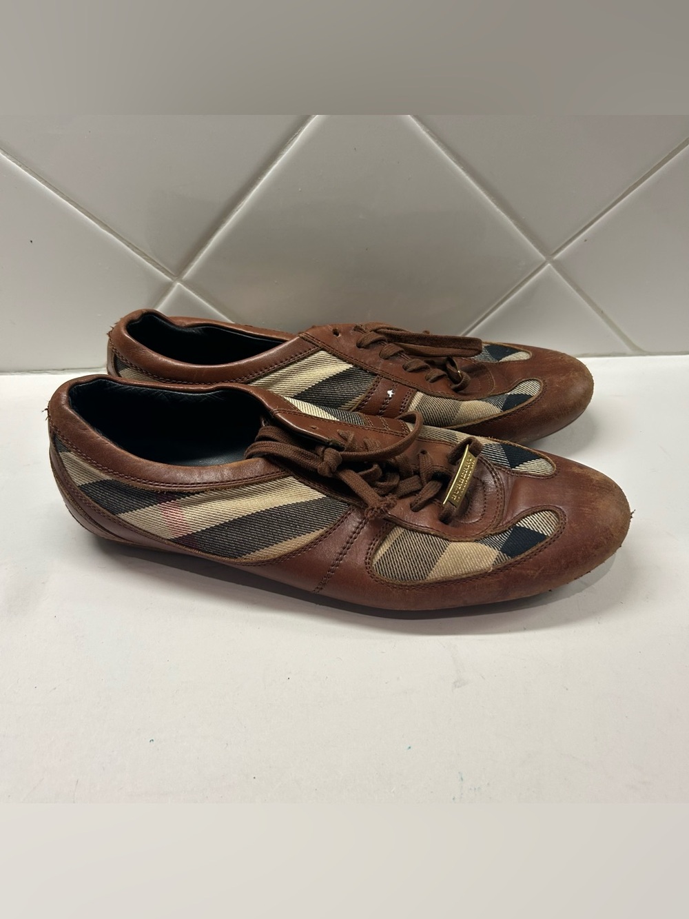 Burberry Brown/Beige Leather and Nova Check Canvas Low Top Sneakers Size 37